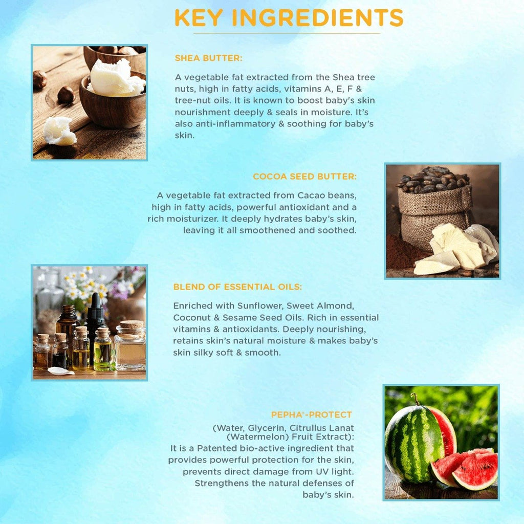 Key Ingredients used in mommy pure Baby Lotion, Natural baby lotion, Organic Baby Lotion,  Mommy pure Baby Lotion 120 ml