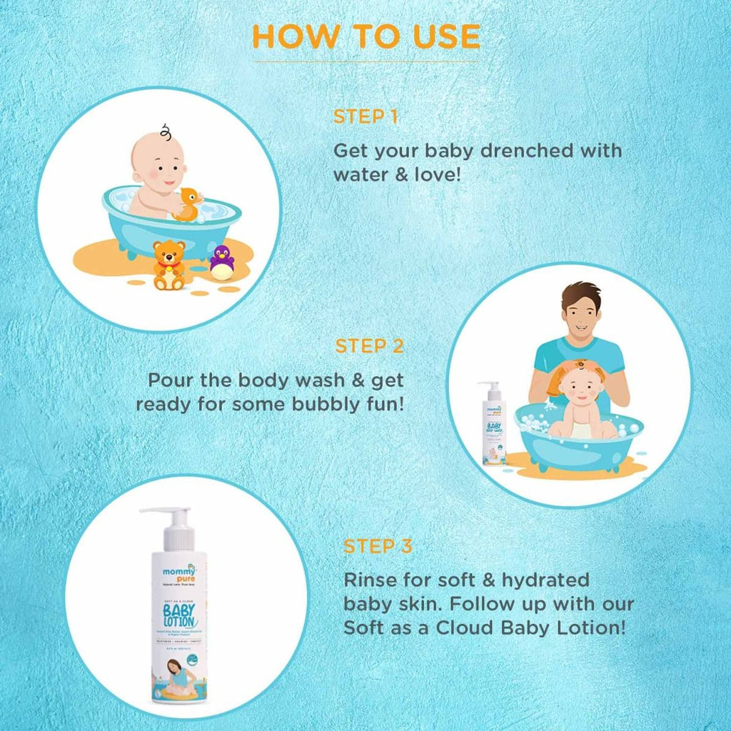How to use and apply Mommy pure Baby body Wash, Natural Baby Body Wash , organic baby body wash, mommypure Baby body wash 250 ml