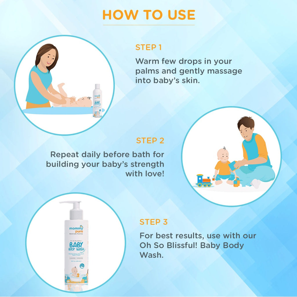 How to use Mommypure Baby Massage oil, natural Baby Massage Oil, Organic Baby massage oil, mommypure all natural Massage Oil 120 Ml
